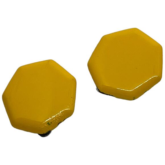 Vintage Yellow Hexagon Metal Clip-On Stud Button Earrings - Retro 80s - Picture 5 of 8